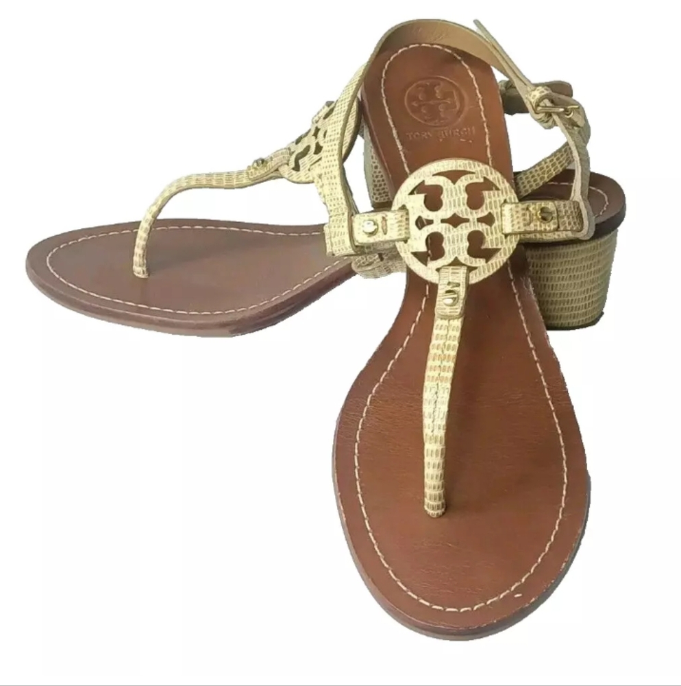 Tory Burch Gold Leather Logo Thong Sandals